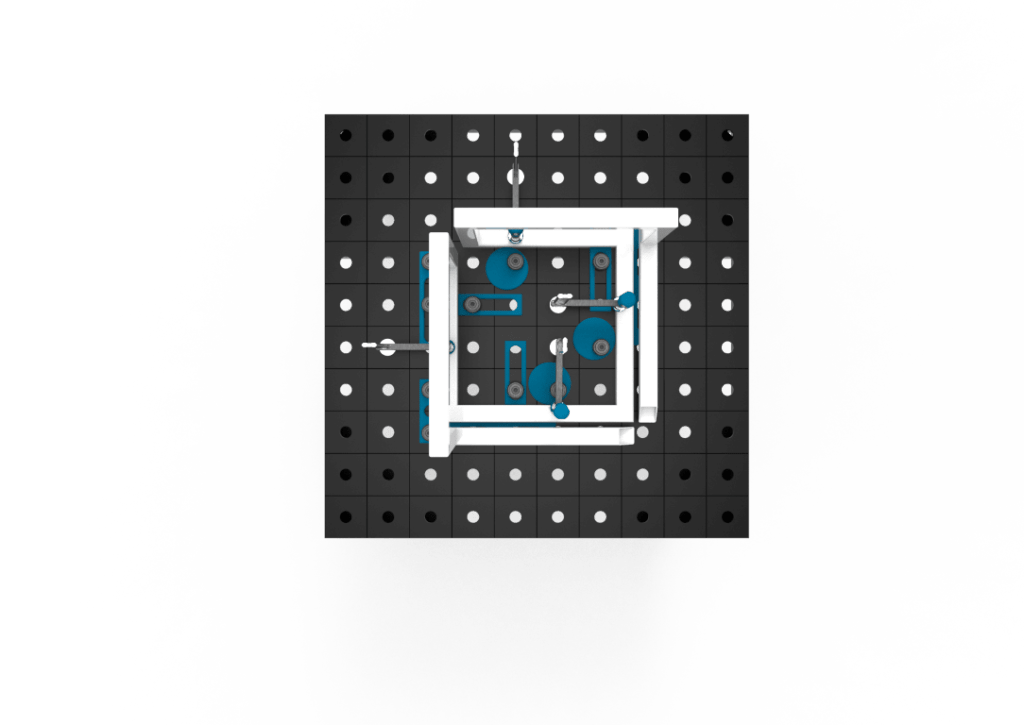 Widok z góry na stół spawalniczy ECO na którym rozmieszczona jest konstrukcja i narzędzia