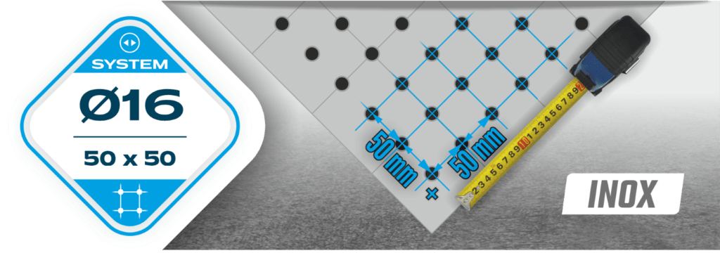 Siatka otworów montażowych 50x50 mm, system fi16 w stołach spawalniczych z serii INOX