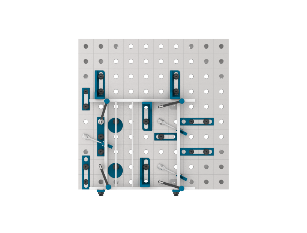 Widok z góry na blat stołu spawalniczego PLUS INOX z rozłożoną konstrukcją do spawania