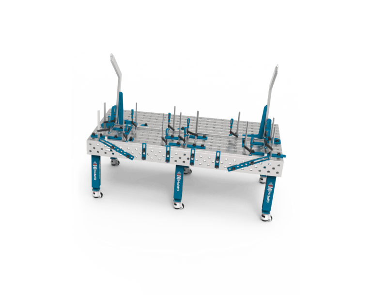 Tradycyjny stół spawalniczy PRO INOX 2400x1200 mm z ustawioną konstrukcją przy wykorzystaniu ścian bocznych.
