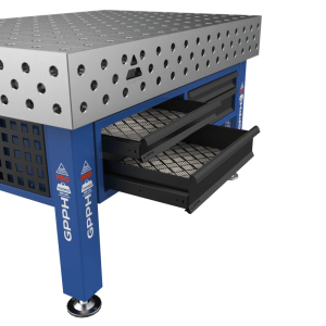 Otwarte szuflady z zestawu szuflad do stołu spawalniczego