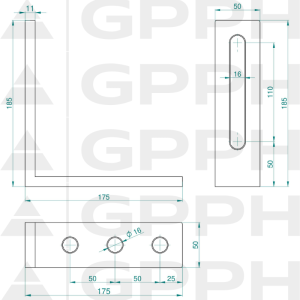 Kątownik 185x175mm, System - Φ16, Seria - PLUS rysunek techniczny