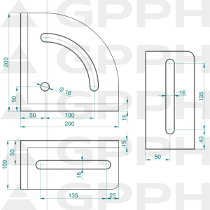 Kątownik 200x200mm, System - Φ16, Seria - PRO rysunek techniczny