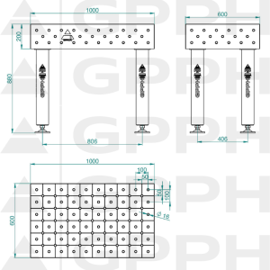 Stół Spawalniczy PRO INOX Rozmiar - 1000x600mm, Siatka - DIAGONALNA, System - Φ16, Nogi - Na stopach - rysunek techniczny