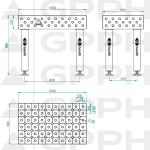 Stół Spawalniczy PRO INOX Rozmiar - 1000x600mm, Siatka - DIAGONALNA, System - Φ28, Nogi - Na stopach - rysunek techniczny