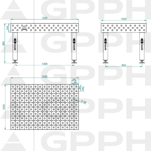 Stół Spawalniczy PRO INOX Rozmiar - 1500x1000mm, Siatka - DIAGONALNA, System - Φ28, Nogi - Na stopach - rysunek techniczny