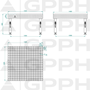 Stół Spawalniczy PRO INOX Rozmiar - 1500x1480mm, Siatka - 50x50mm, System - Φ16, Nogi - Na stopach - rysunek techniczny