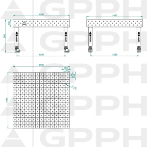 Stół Spawalniczy PRO INOX Rozmiar - 1500x1480mm, Siatka - DIAGONALNA, System - Φ16, Nogi - Na kołach - rysunek techniczny