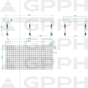 Stół ECO 2400x1200 mm fi16 diagonalna koła Rysunek techniczny