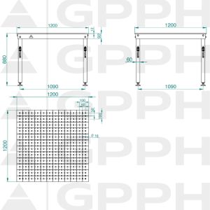 Rysunek techniczny Stół BASIC 1200x1200 mm fi16 50x50 stopy